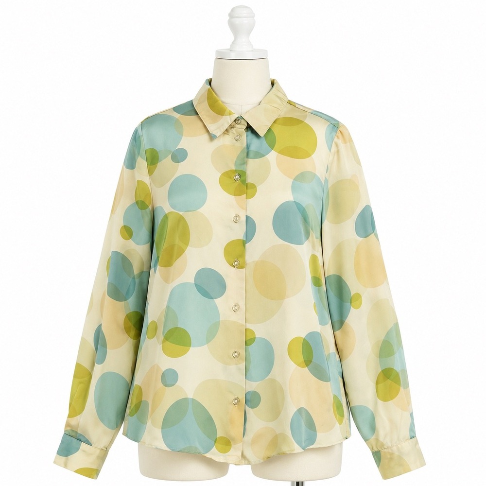 J'envie New York Sheer Bubble Print Button Up Blouse Beige Blue Womens 6 Top